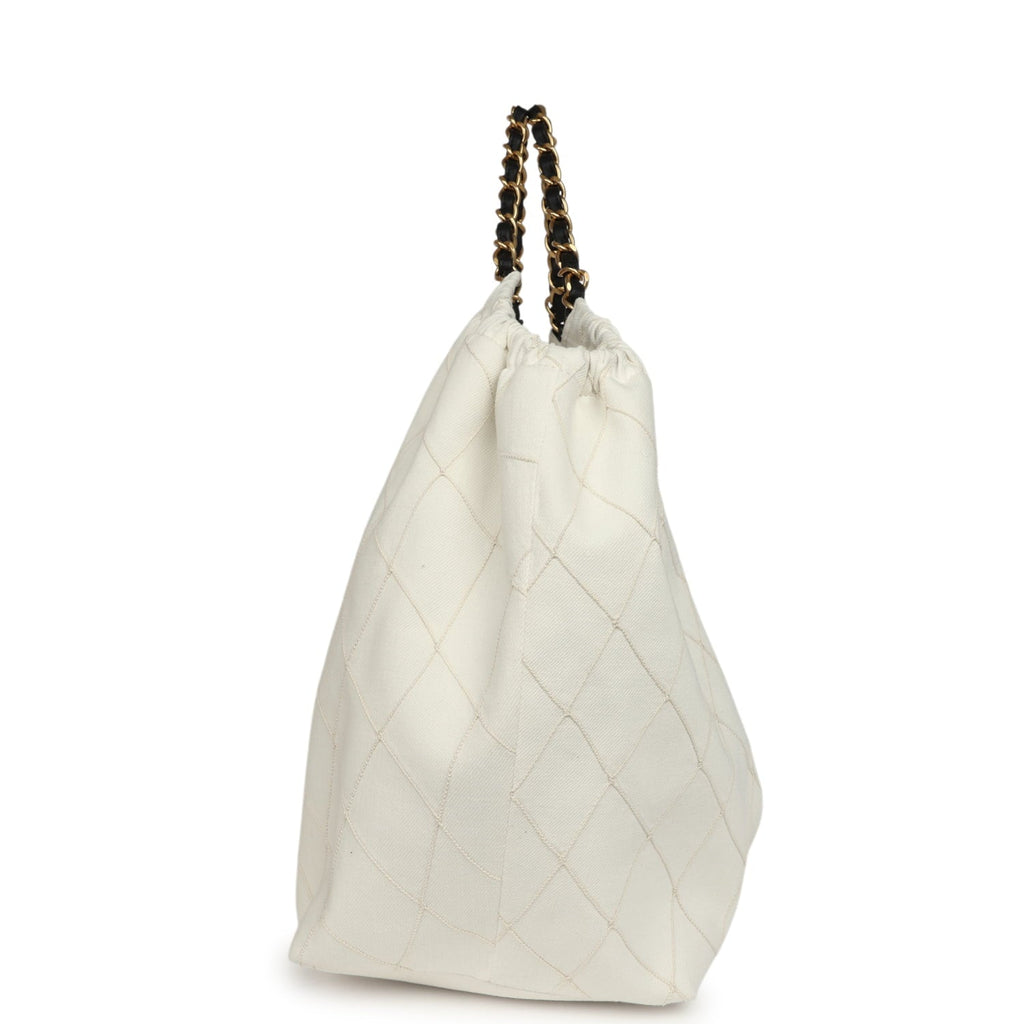 Maxi Coco Beach Cambon Hobo Bag White Denim and Black Calfskin Brushed Gold Hardware