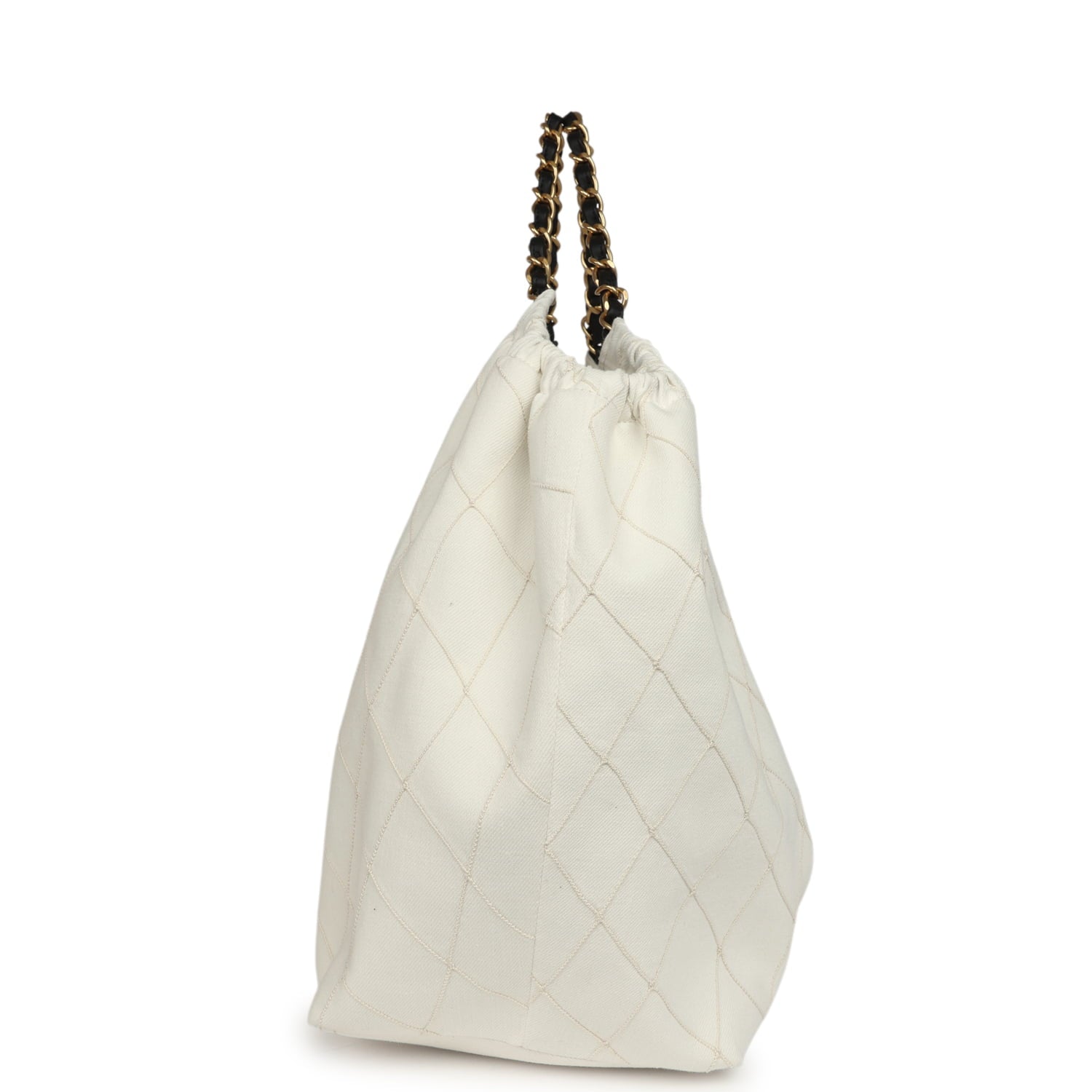 Maxi Coco Beach Cambon Hobo Bag White Denim and Black Calfskin Brushed Gold Hardware