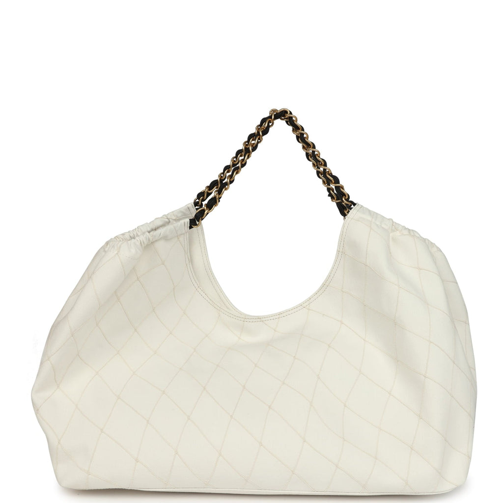 Maxi Coco Beach Cambon Hobo Bag White Denim and Black Calfskin Brushed Gold Hardware