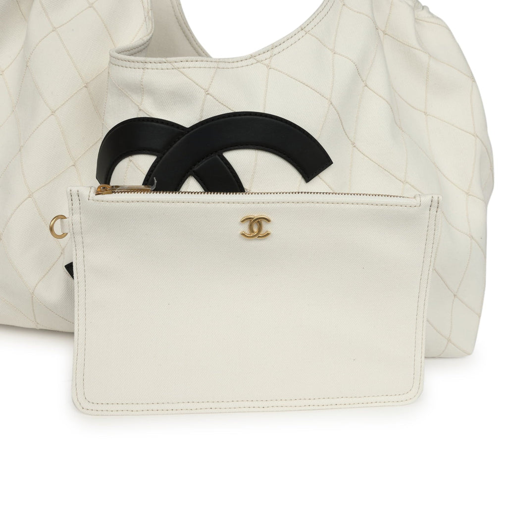 Maxi Coco Beach Cambon Hobo Bag White Denim and Black Calfskin Brushed Gold Hardware