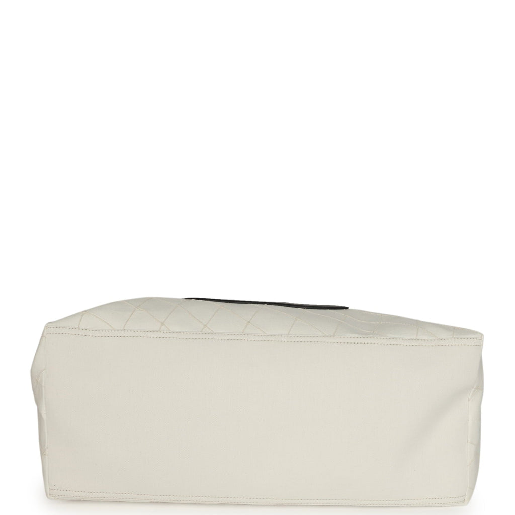 Maxi Coco Beach Cambon Hobo Bag White Denim and Black Calfskin Brushed Gold Hardware