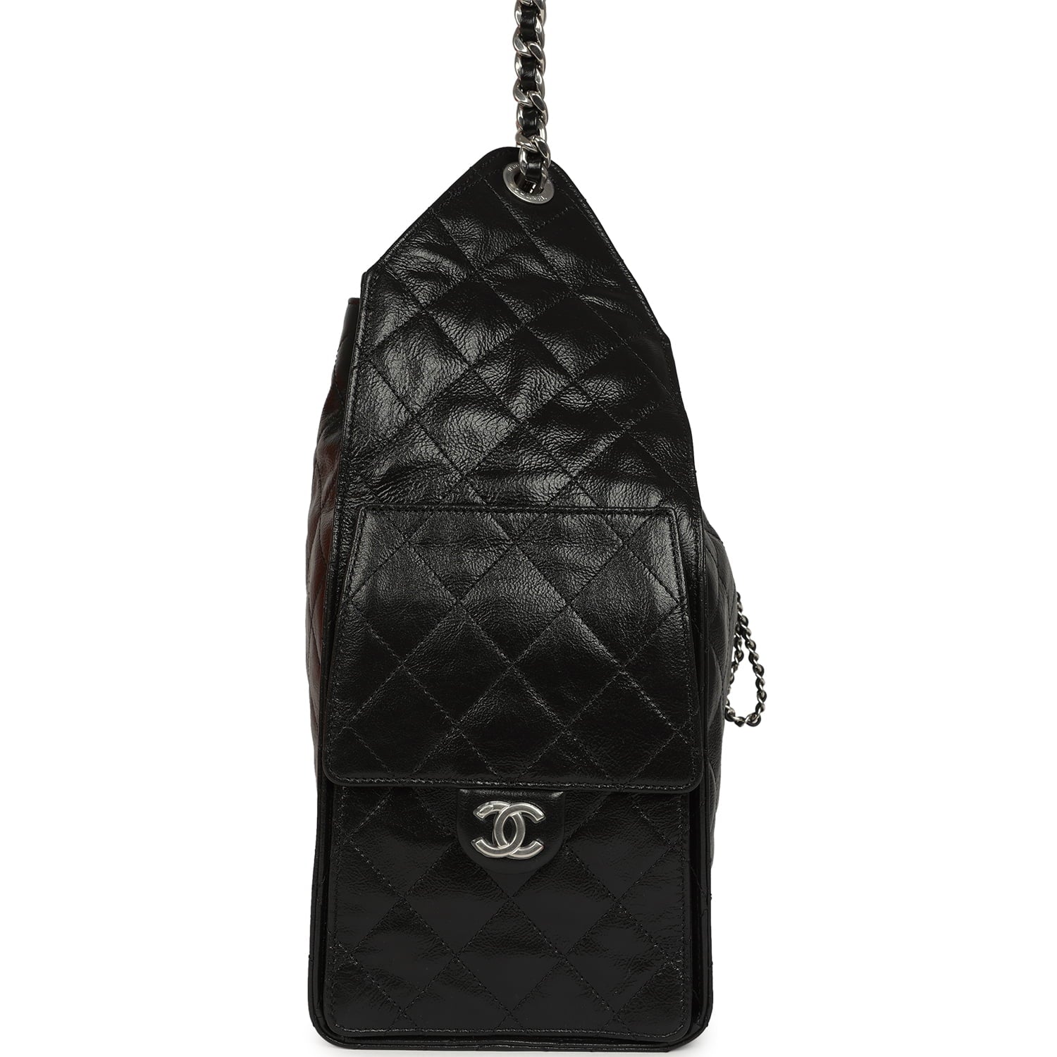 Medium 25 Hobo Bag Black Shiny Crumpled Calfskin Mixed Silver Hardware