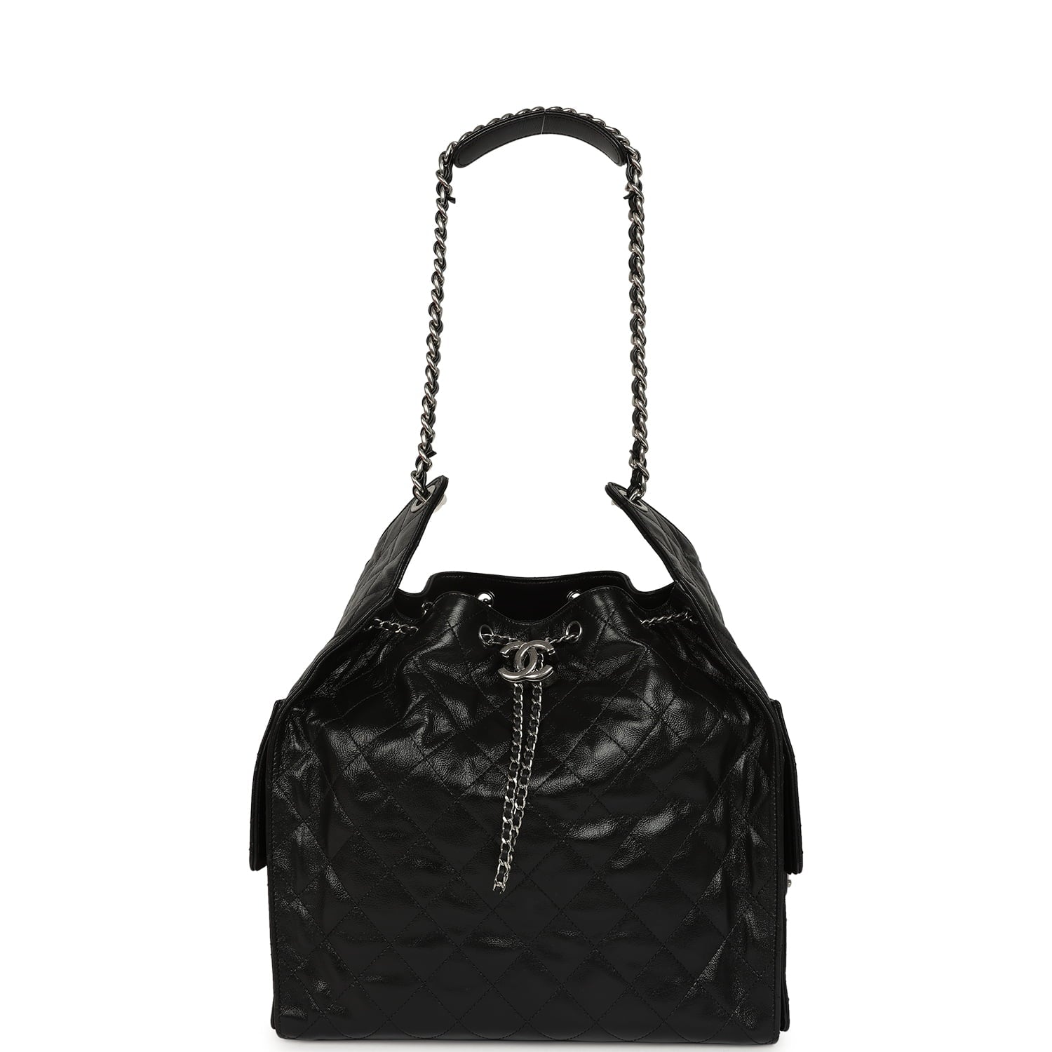Medium 25 Hobo Bag Black Shiny Crumpled Calfskin Mixed Silver Hardware