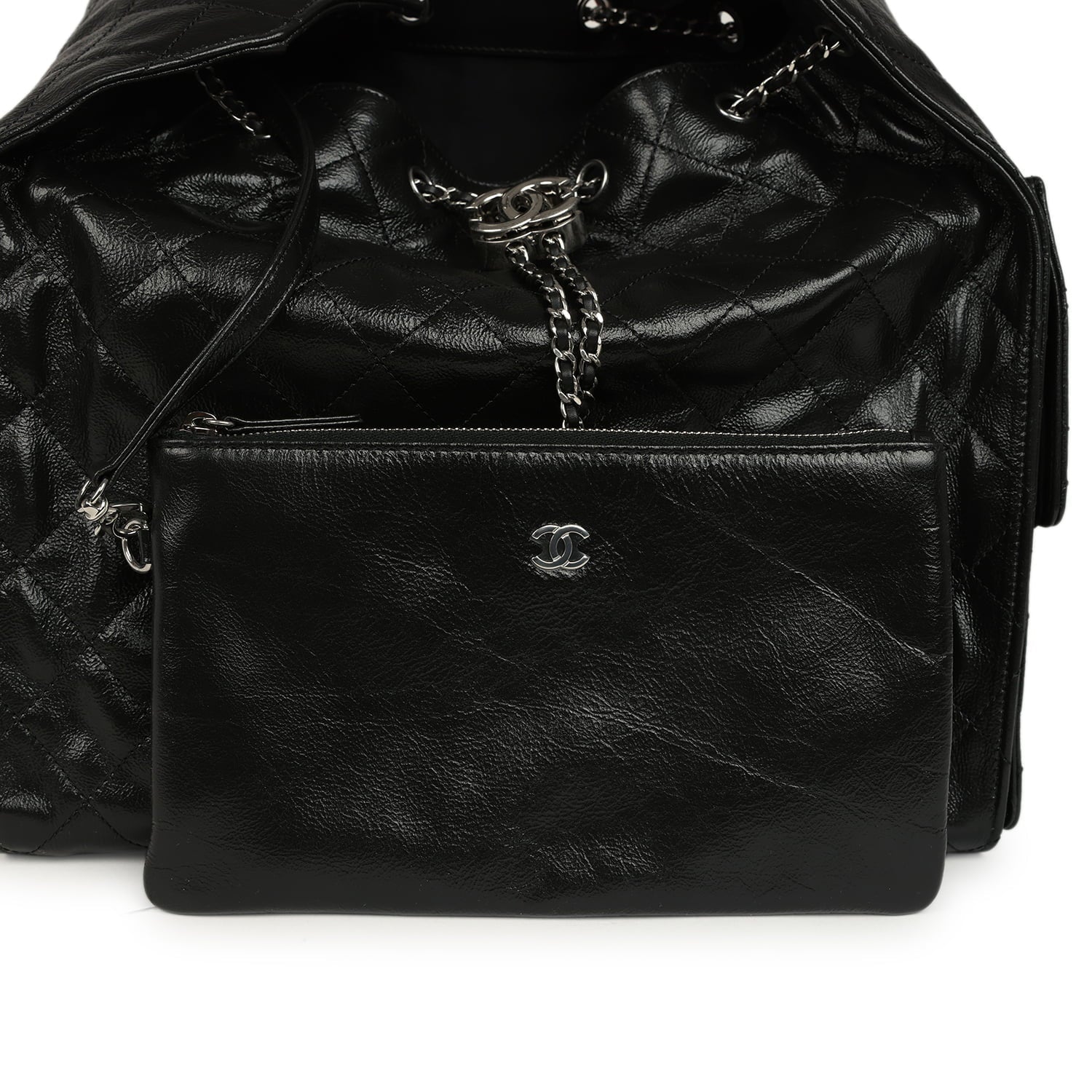 Medium 25 Hobo Bag Black Shiny Crumpled Calfskin Mixed Silver Hardware