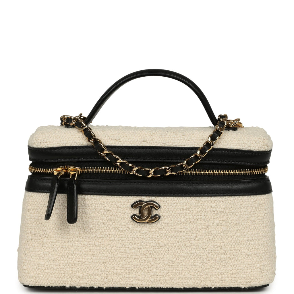 Coco Beach Top Handle Long Vanity Case with Chain Ecru Tweed and Black Calfskin Gold Hardware