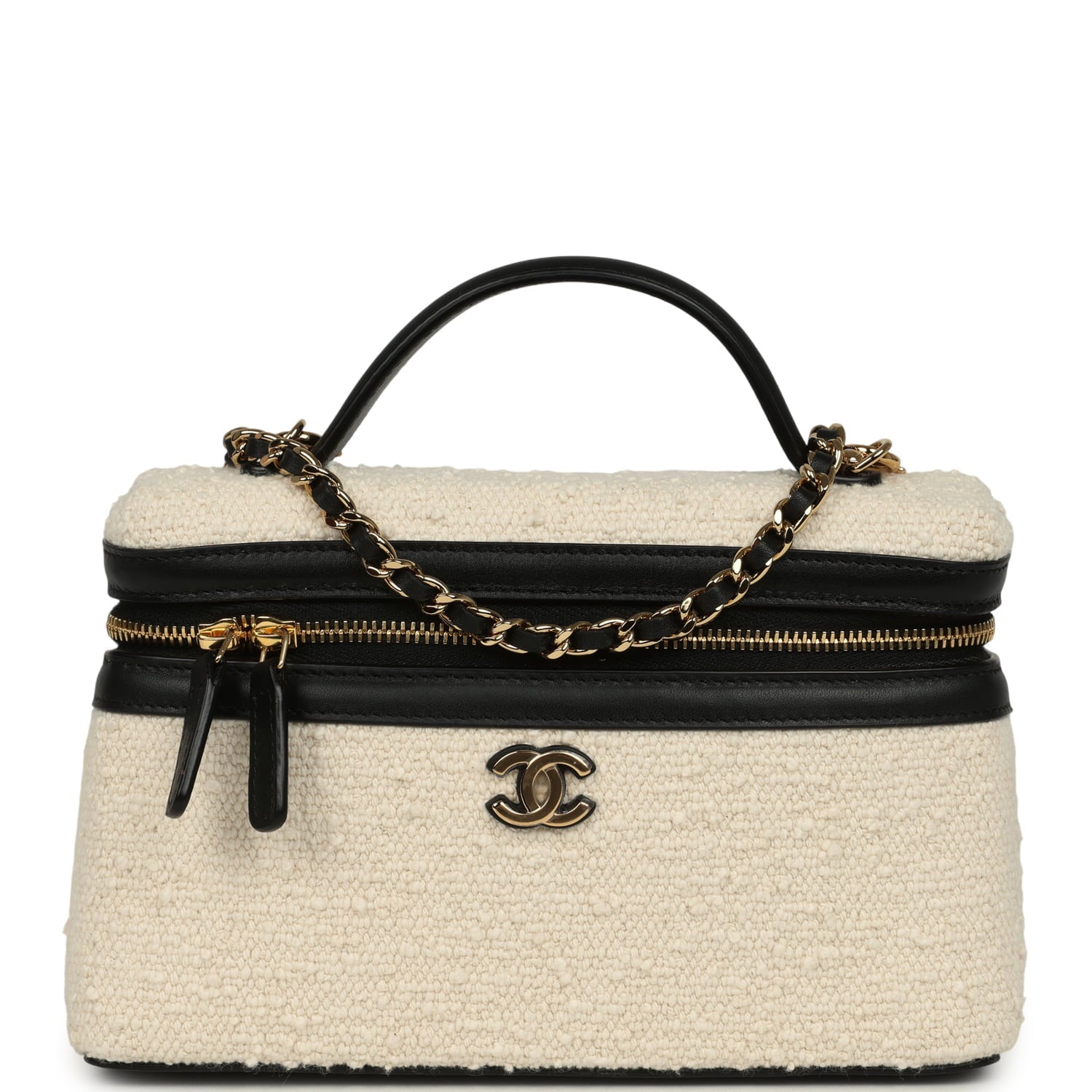 Coco Beach Top Handle Long Vanity Case with Chain Ecru Tweed and Black Calfskin Gold Hardware