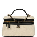 Coco Beach Top Handle Long Vanity Case with Chain Ecru Tweed and Black Calfskin Gold Hardware