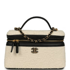 Coco Beach Top Handle Long Vanity Case with Chain Ecru Tweed and Black Calfskin Gold Hardware