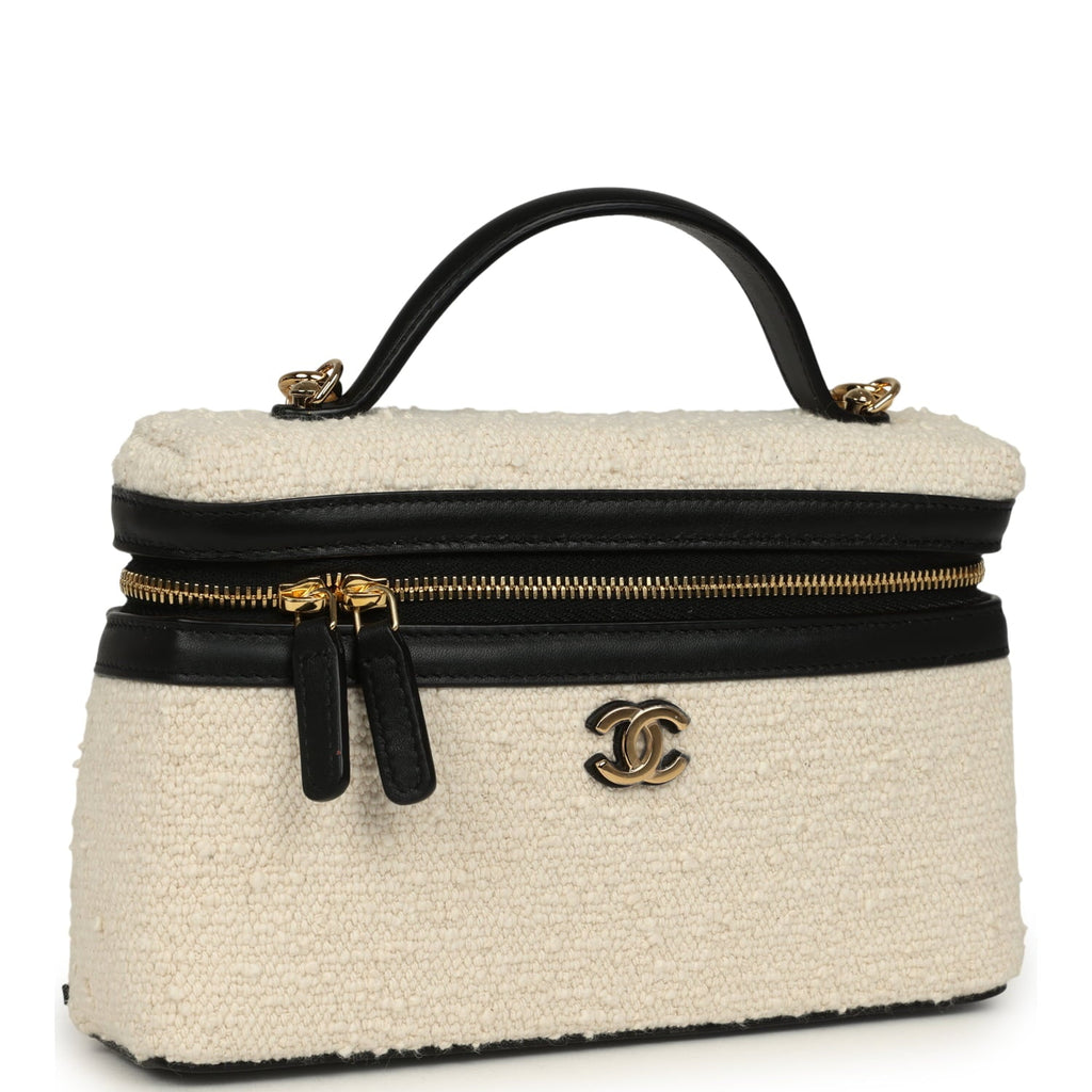 Coco Beach Top Handle Long Vanity Case with Chain Ecru Tweed and Black Calfskin Gold Hardware