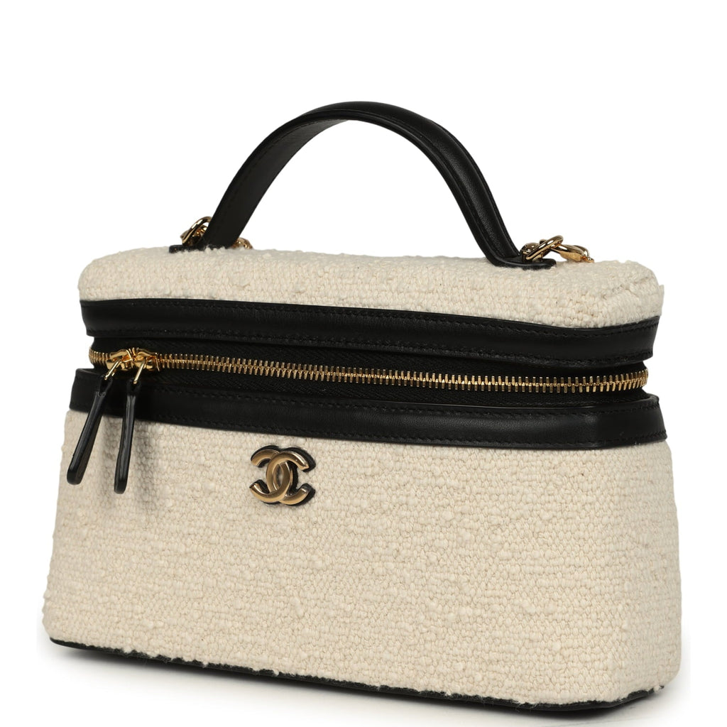 Coco Beach Top Handle Long Vanity Case with Chain Ecru Tweed and Black Calfskin Gold Hardware
