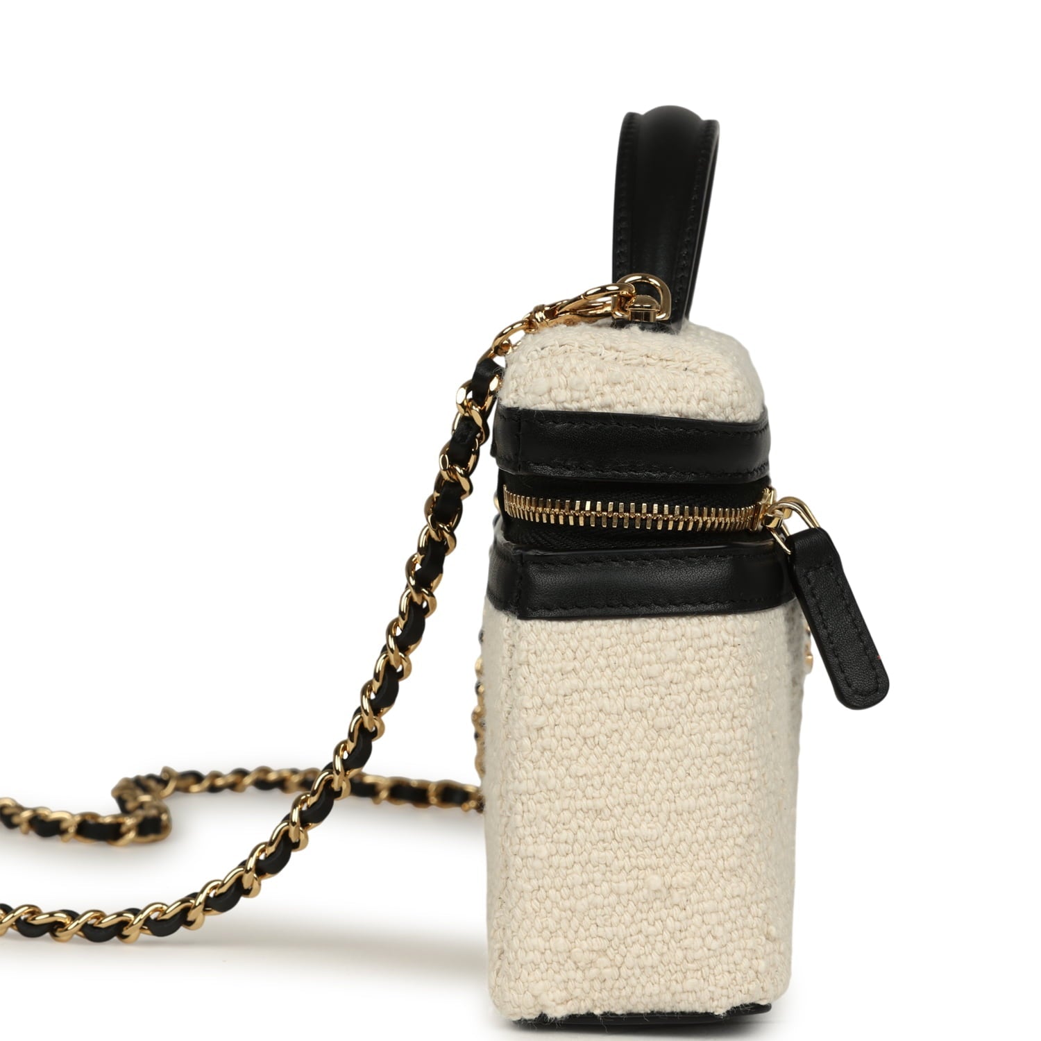 Coco Beach Top Handle Long Vanity Case with Chain Ecru Tweed and Black Calfskin Gold Hardware