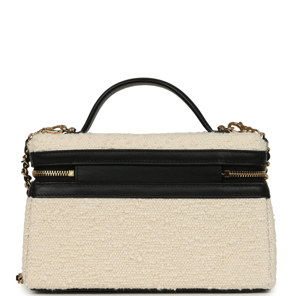 Coco Beach Top Handle Long Vanity Case with Chain Ecru Tweed and Black Calfskin Gold Hardware