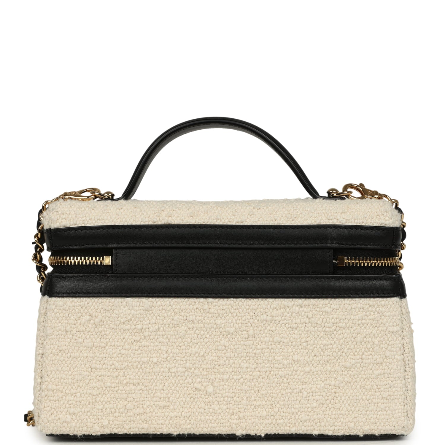 Coco Beach Top Handle Long Vanity Case with Chain Ecru Tweed and Black Calfskin Gold Hardware