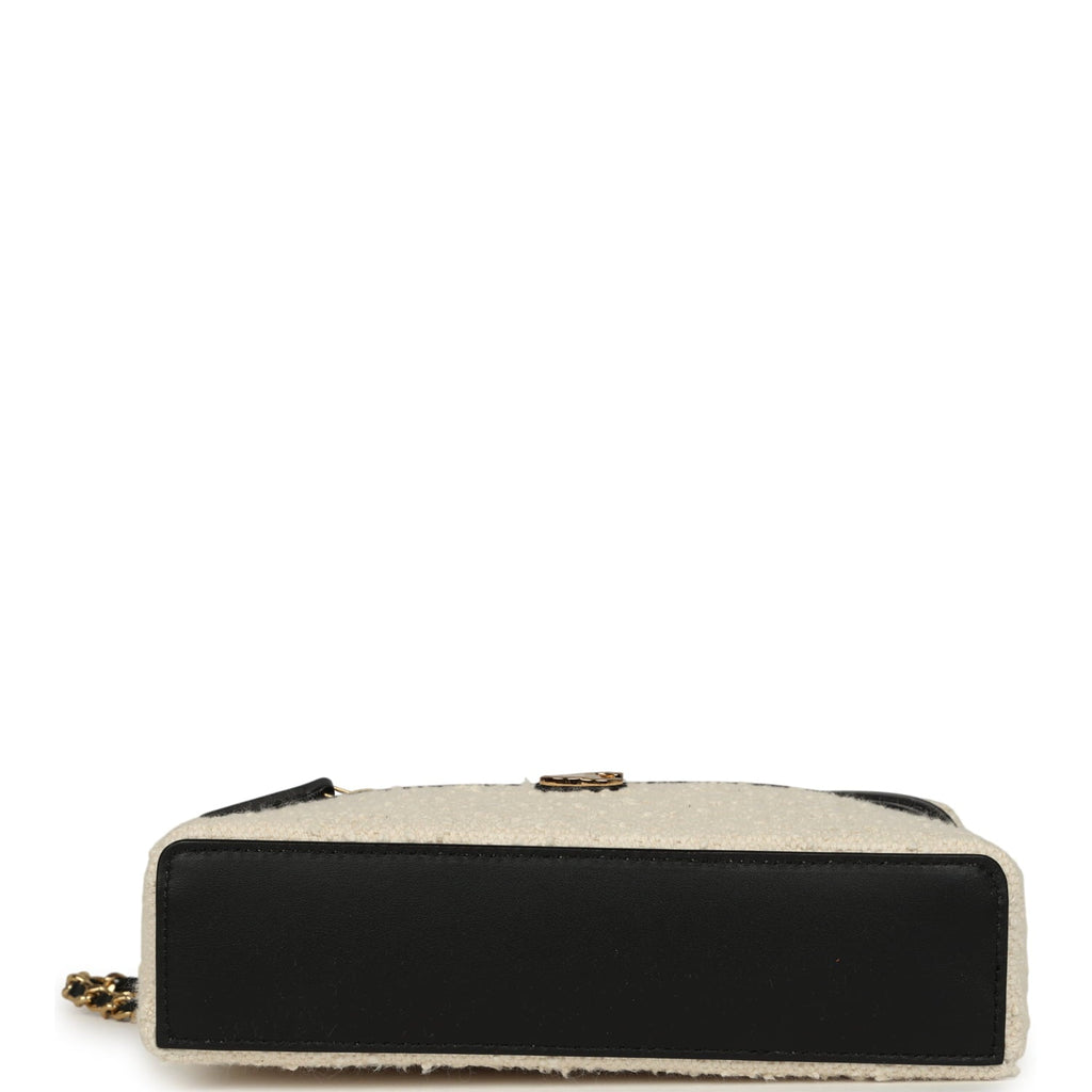 Coco Beach Top Handle Long Vanity Case with Chain Ecru Tweed and Black Calfskin Gold Hardware