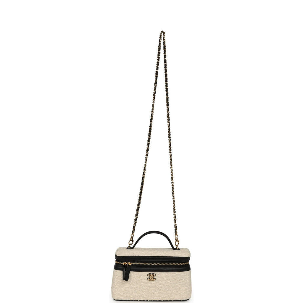 Coco Beach Top Handle Long Vanity Case with Chain Ecru Tweed and Black Calfskin Gold Hardware