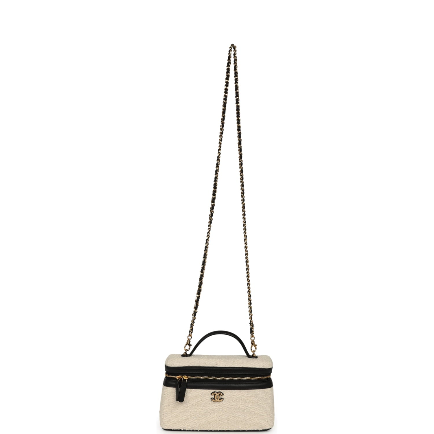 Coco Beach Top Handle Long Vanity Case with Chain Ecru Tweed and Black Calfskin Gold Hardware