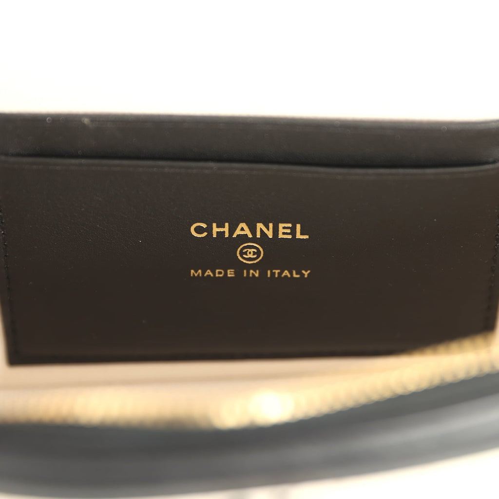 Coco Beach Top Handle Long Vanity Case with Chain Ecru Tweed and Black Calfskin Gold Hardware