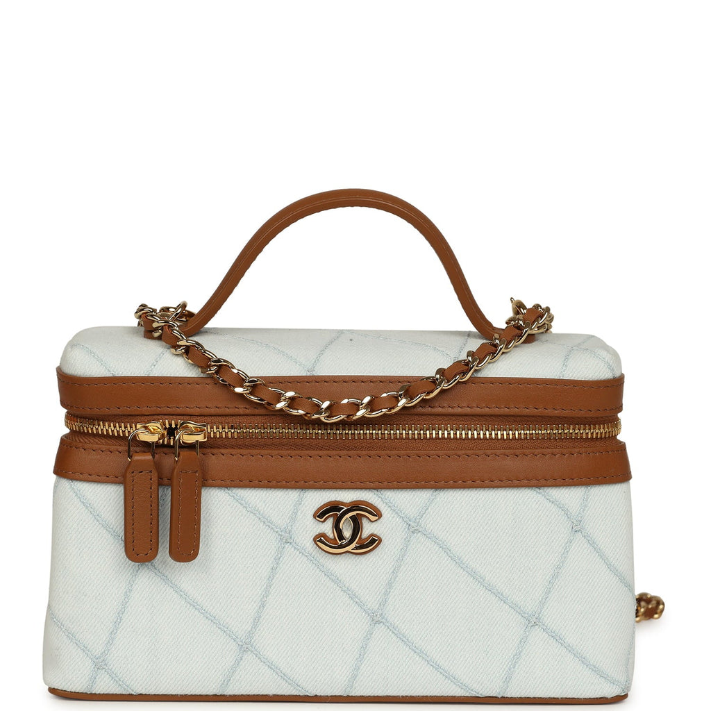 Coco Beach Top Handle Long Vanity Case with Chain Light Blue Denim and Brown Calfskin Gold Hardware