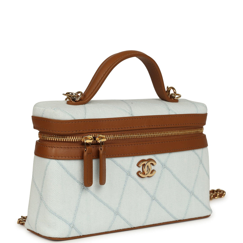Coco Beach Top Handle Long Vanity Case with Chain Light Blue Denim and Brown Calfskin Gold Hardware