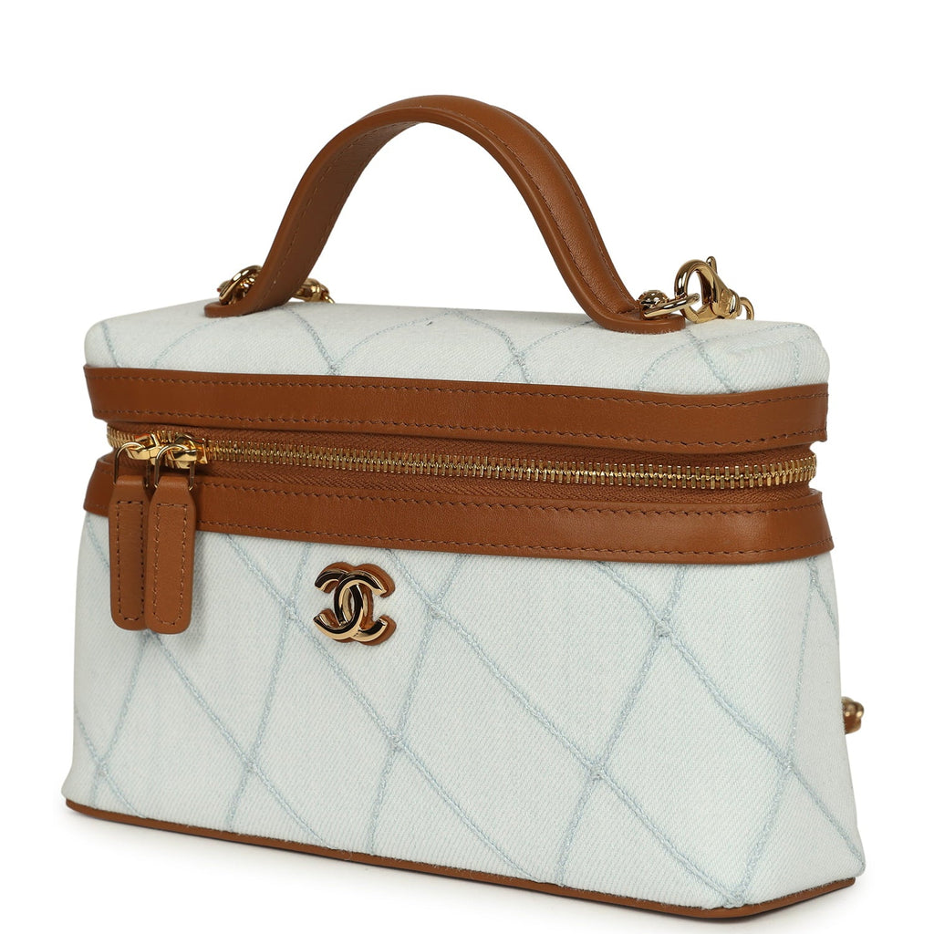 Coco Beach Top Handle Long Vanity Case with Chain Light Blue Denim and Brown Calfskin Gold Hardware