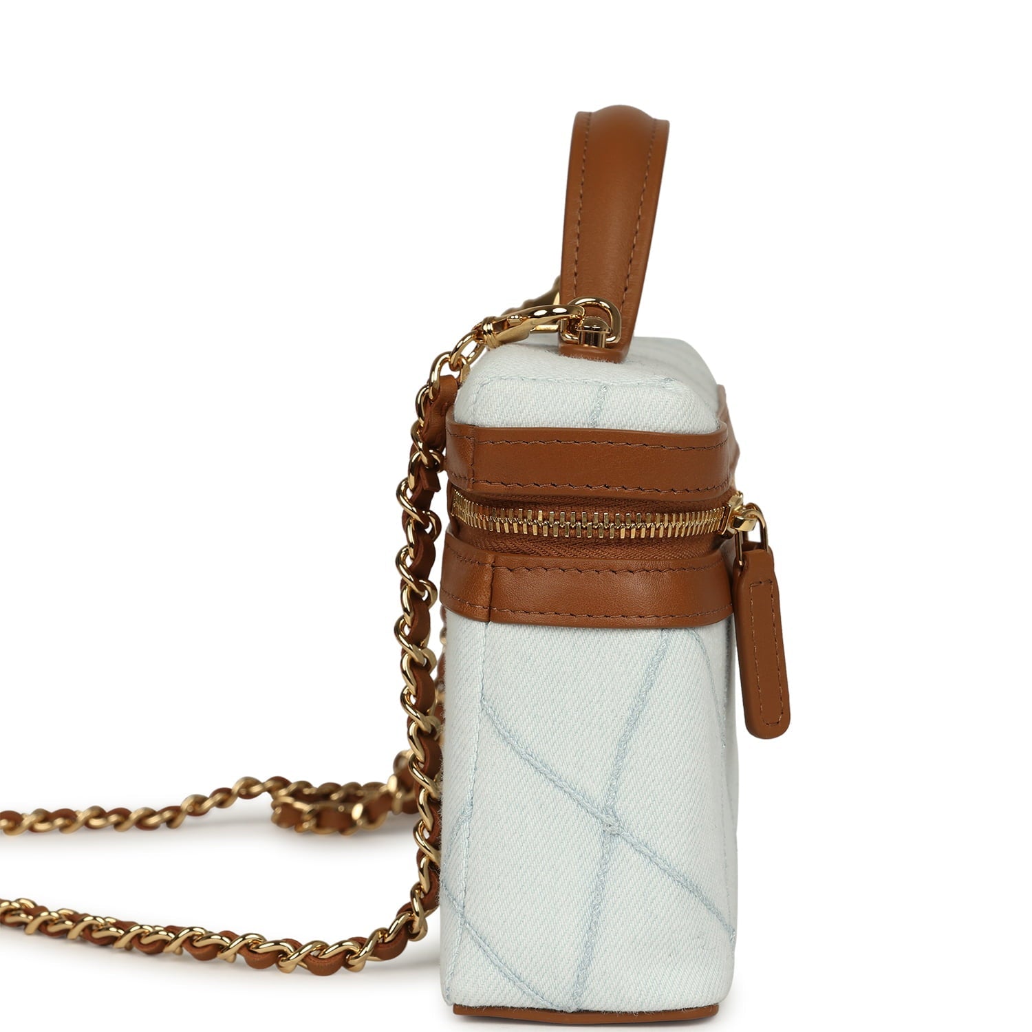 Coco Beach Top Handle Long Vanity Case with Chain Light Blue Denim and Brown Calfskin Gold Hardware