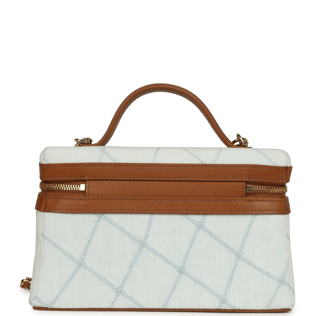 Coco Beach Top Handle Long Vanity Case with Chain Light Blue Denim and Brown Calfskin Gold Hardware