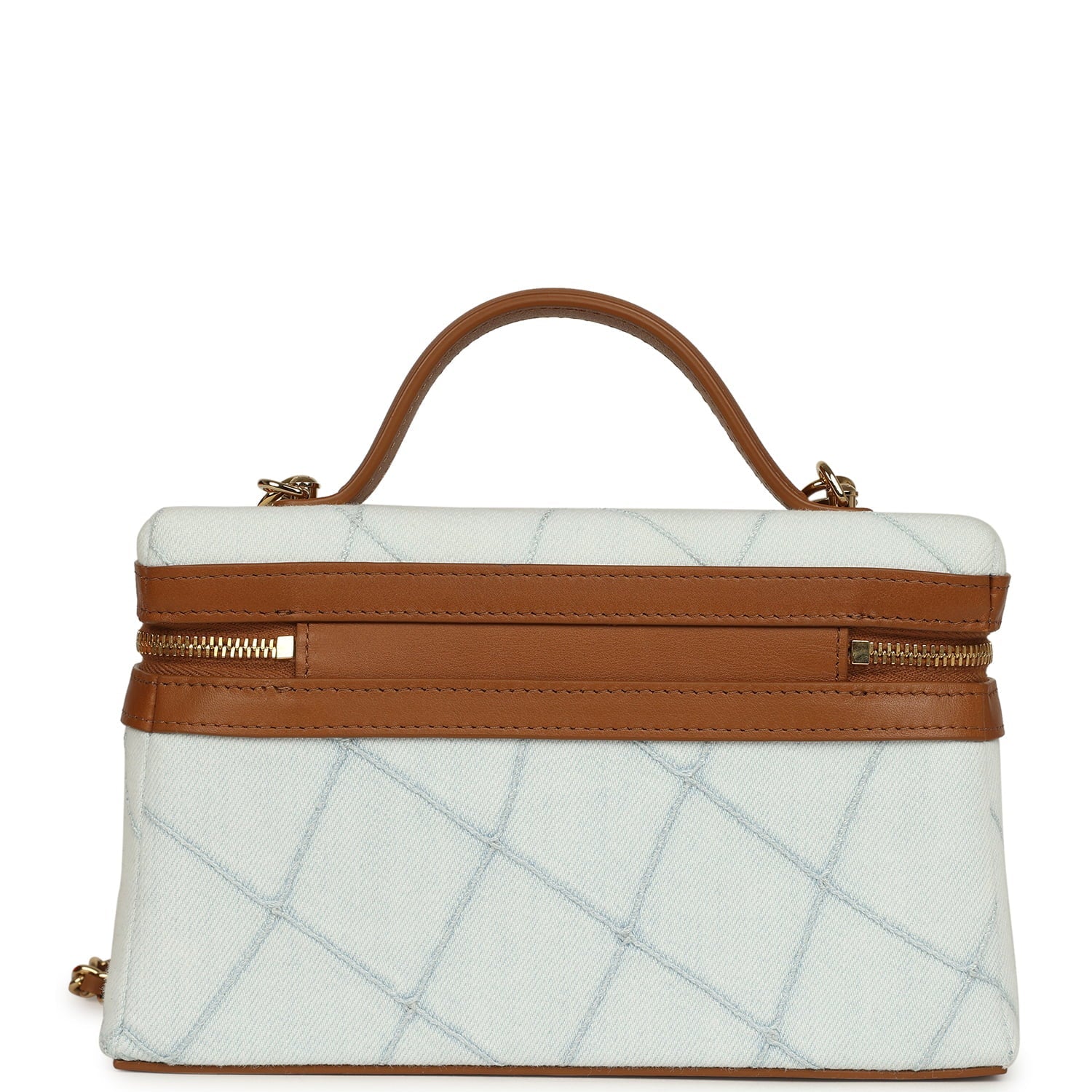 Coco Beach Top Handle Long Vanity Case with Chain Light Blue Denim and Brown Calfskin Gold Hardware