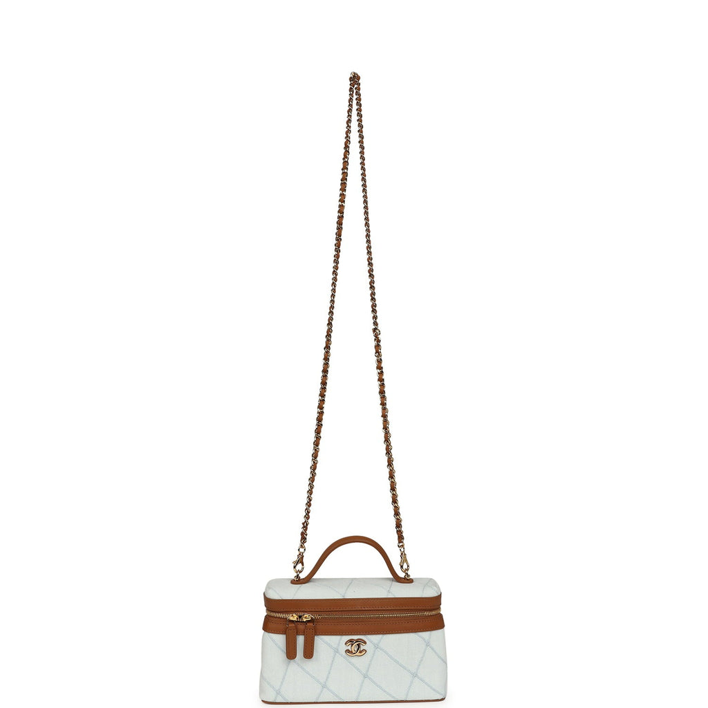 Coco Beach Top Handle Long Vanity Case with Chain Light Blue Denim and Brown Calfskin Gold Hardware