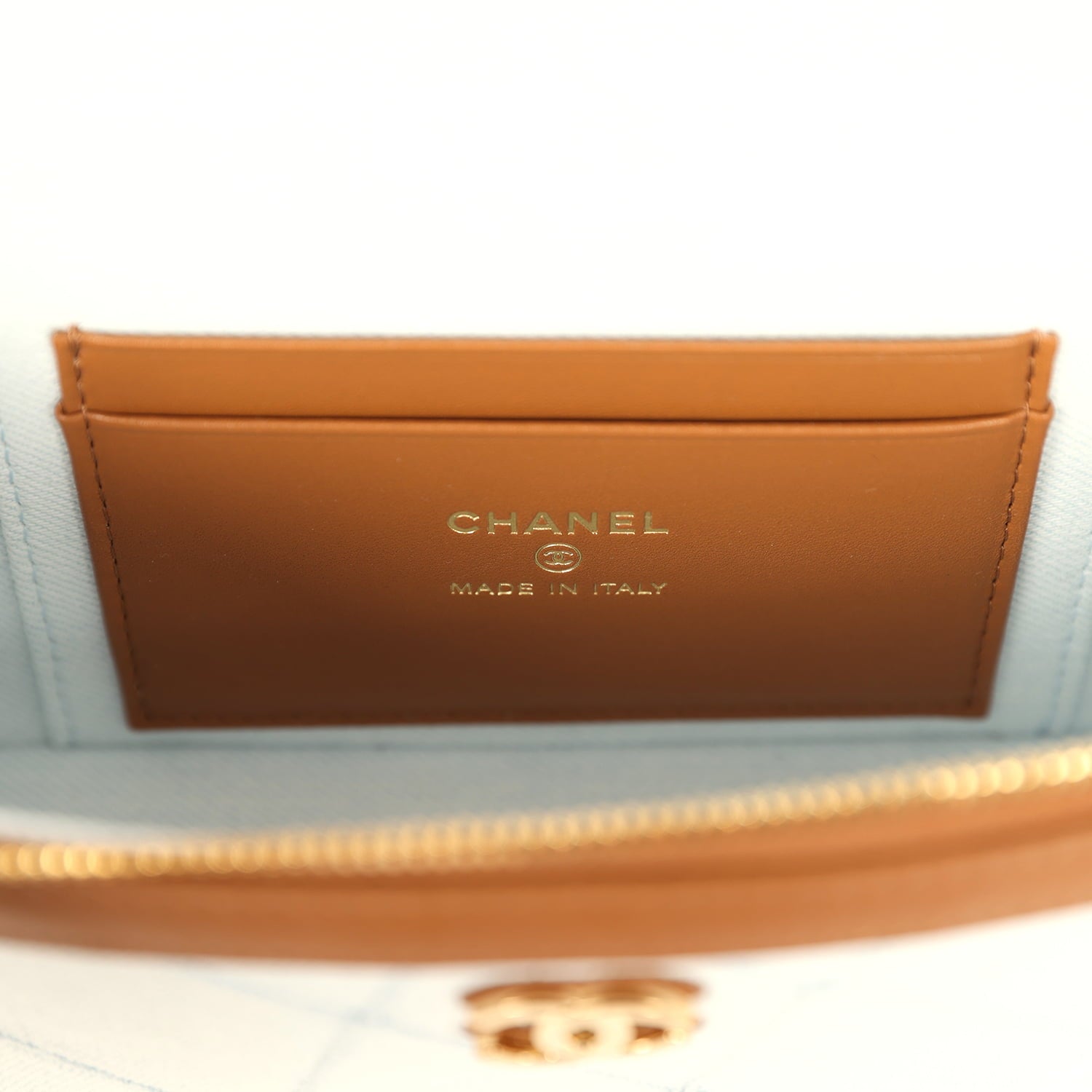 Coco Beach Top Handle Long Vanity Case with Chain Light Blue Denim and Brown Calfskin Gold Hardware