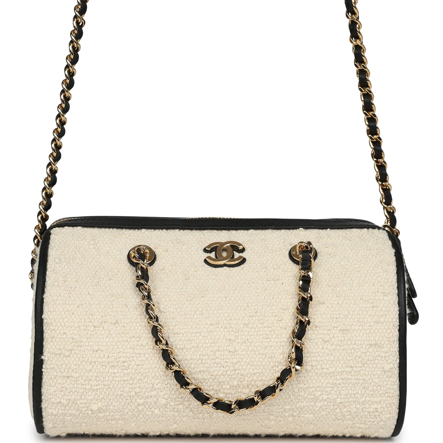 Coco Beach Mini Timeless Classic Barrel Bag with Chain Ecru Tweed and Black Calfskin Gold Hardware