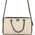 Coco Beach Mini Timeless Classic Barrel Bag with Chain Ecru Tweed and Black Calfskin Gold Hardware