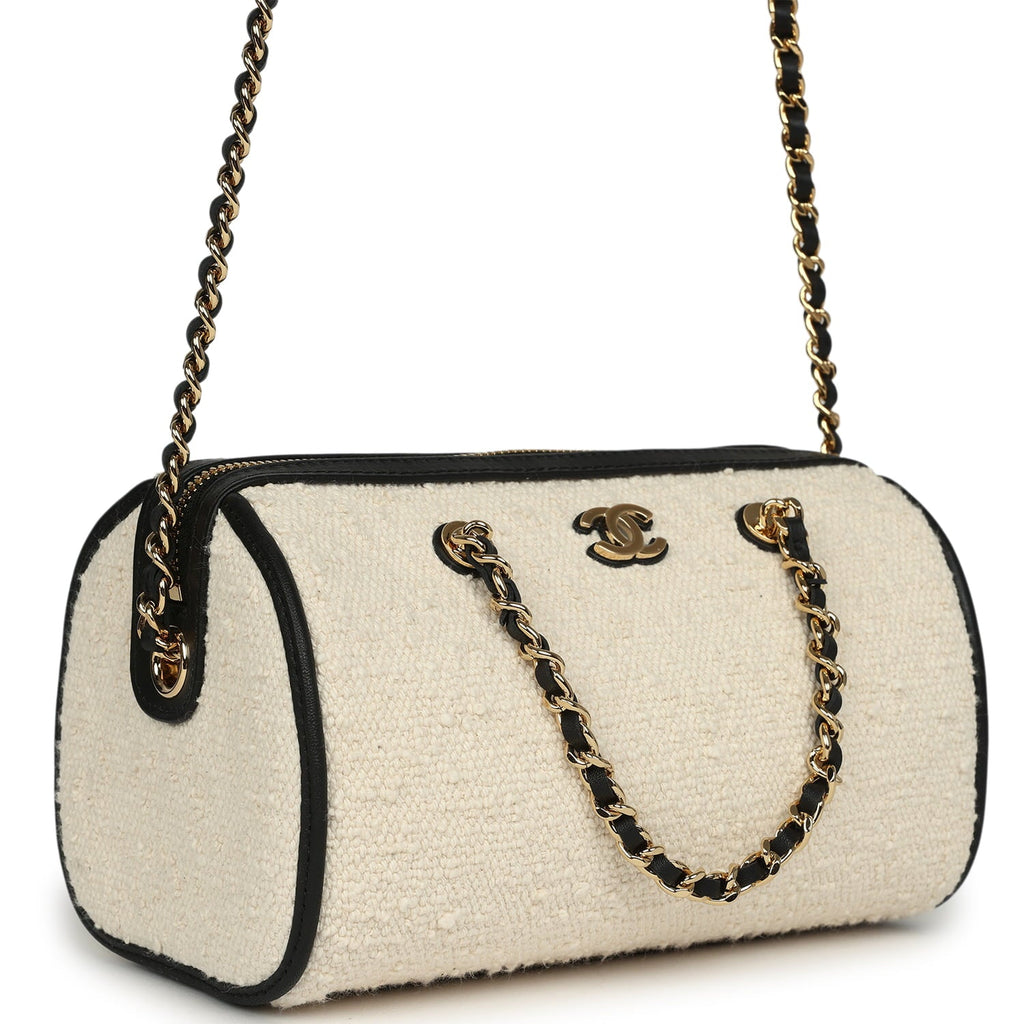Coco Beach Mini Timeless Classic Barrel Bag with Chain Ecru Tweed and Black Calfskin Gold Hardware
