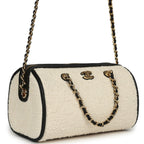 Coco Beach Mini Timeless Classic Barrel Bag with Chain Ecru Tweed and Black Calfskin Gold Hardware