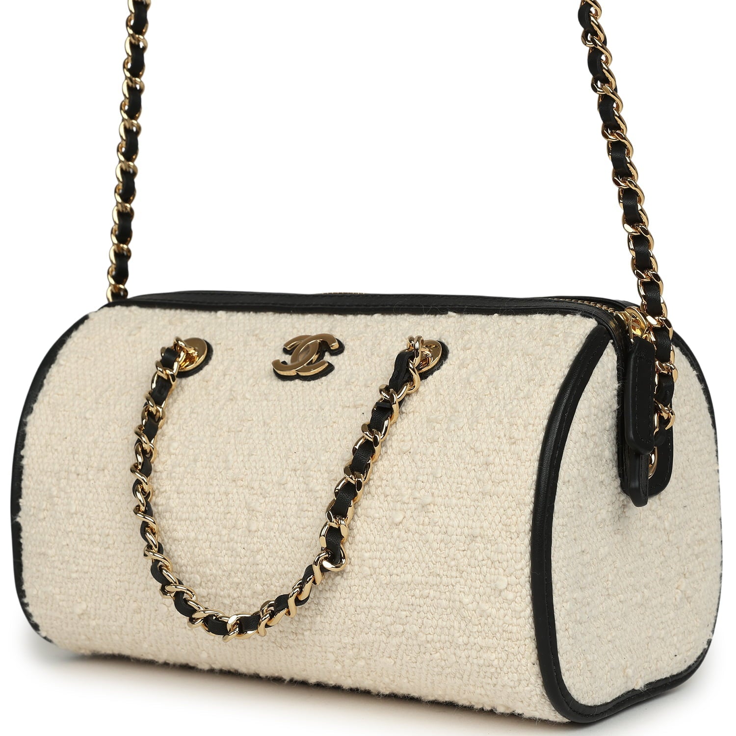Coco Beach Mini Timeless Classic Barrel Bag with Chain Ecru Tweed and Black Calfskin Gold Hardware