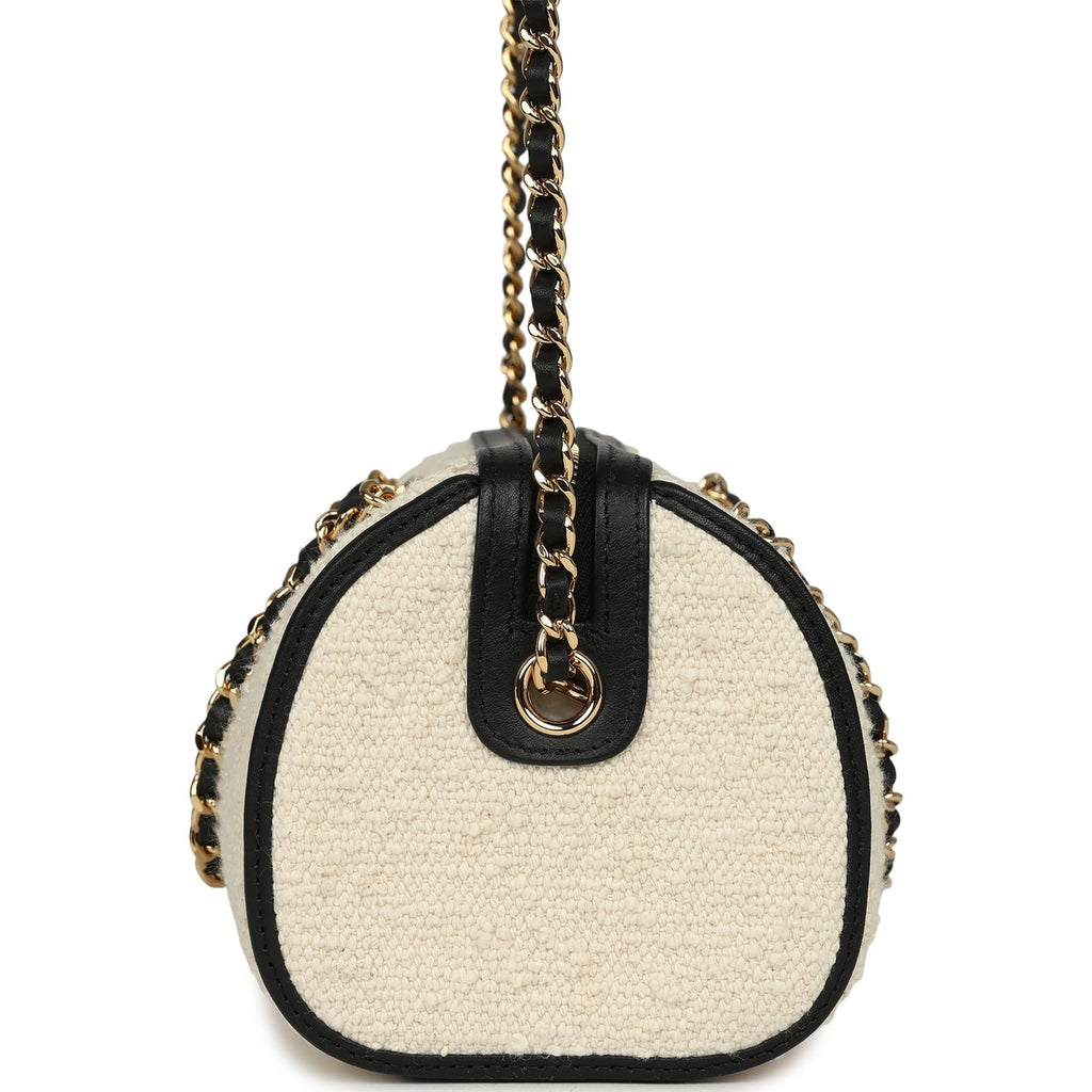 Coco Beach Mini Timeless Classic Barrel Bag with Chain Ecru Tweed and Black Calfskin Gold Hardware