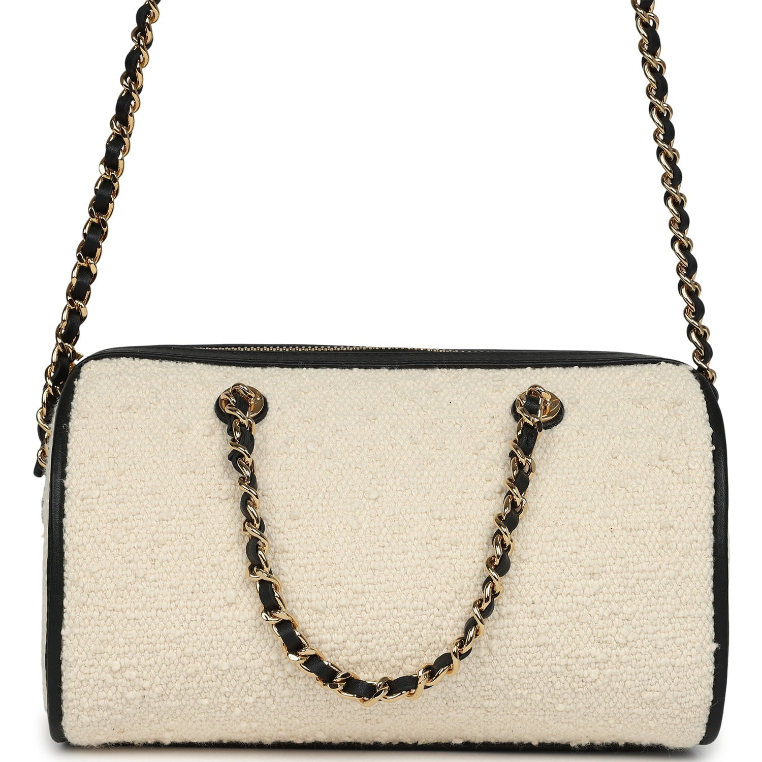 Coco Beach Mini Timeless Classic Barrel Bag with Chain Ecru Tweed and Black Calfskin Gold Hardware