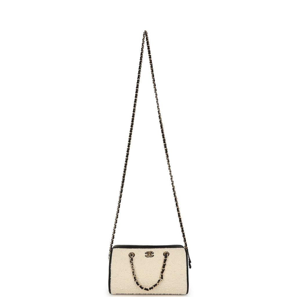 Coco Beach Mini Timeless Classic Barrel Bag with Chain Ecru Tweed and Black Calfskin Gold Hardware