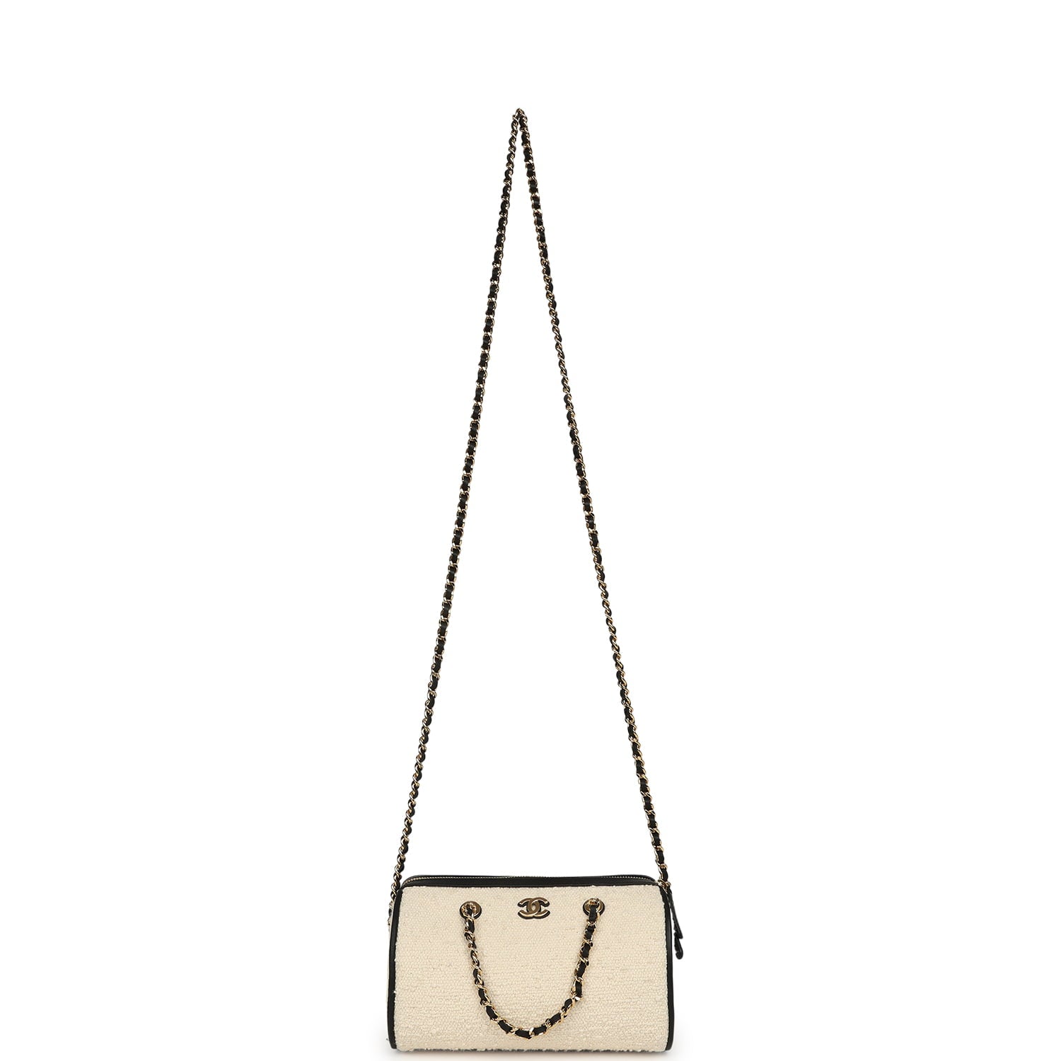 Coco Beach Mini Timeless Classic Barrel Bag with Chain Ecru Tweed and Black Calfskin Gold Hardware