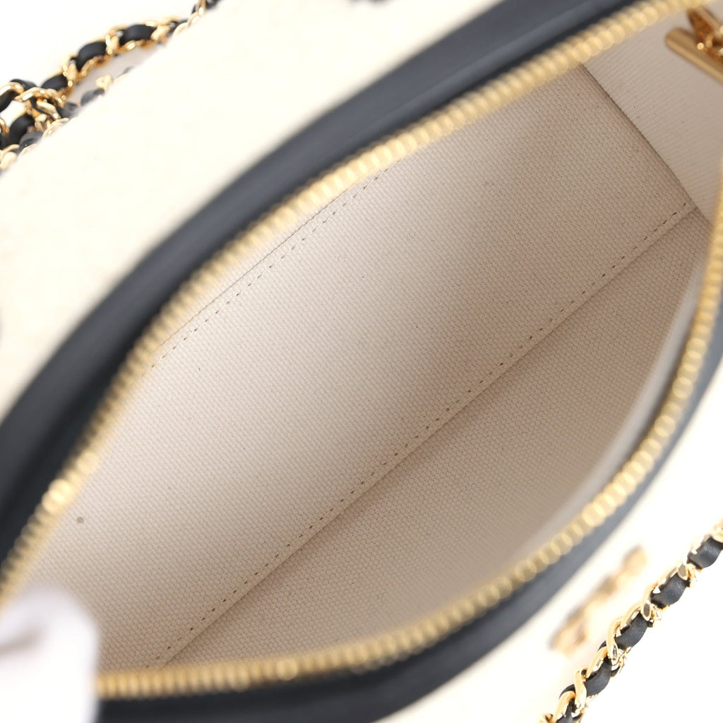 Coco Beach Mini Timeless Classic Barrel Bag with Chain Ecru Tweed and Black Calfskin Gold Hardware