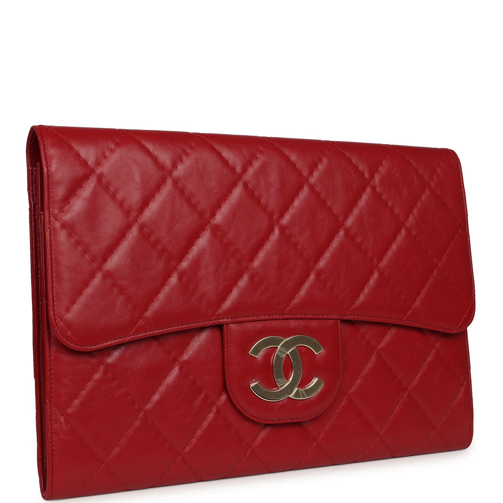 XXL CC Clutch Red Shiny Crumpled Calfskin Gold Hardware