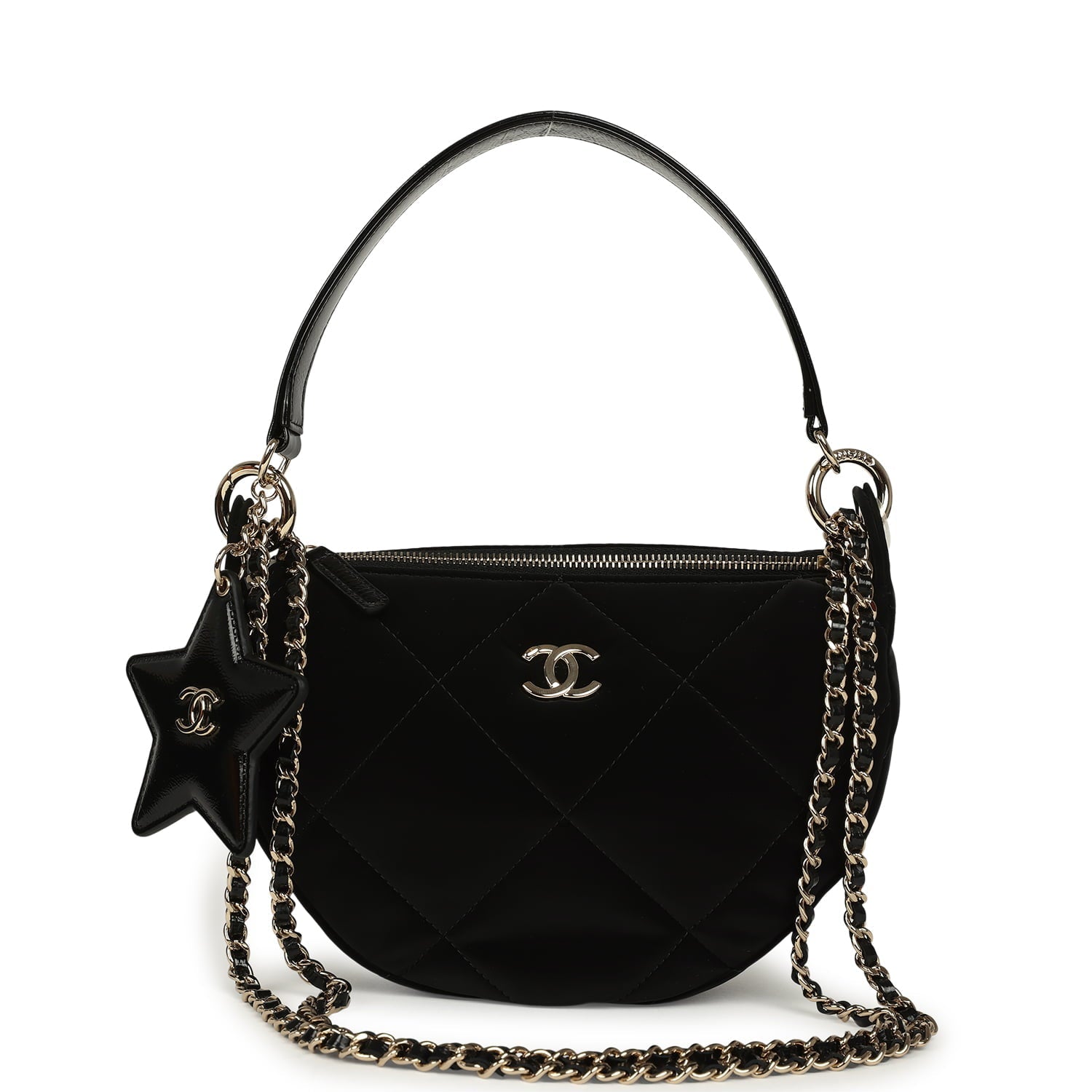 Coco Neige Clutch with Chain Black Velvet-Effect Nylon and Black Shiny Crumpled Calfskin Light Gold Hardware
