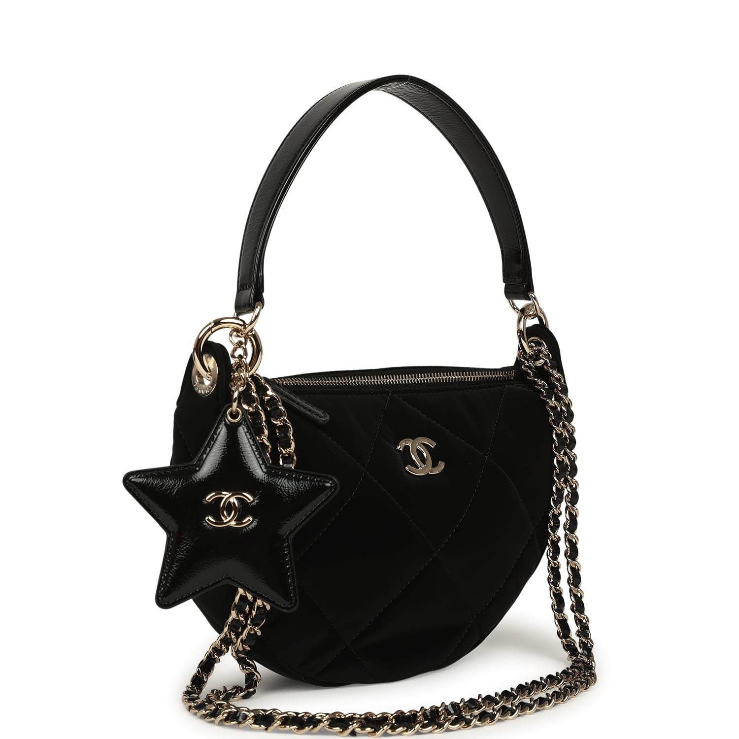 Coco Neige Clutch with Chain Black Velvet-Effect Nylon and Black Shiny Crumpled Calfskin Light Gold Hardware