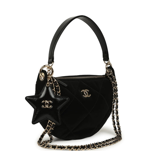 Coco Neige Clutch with Chain Black Velvet-Effect Nylon and Black Shiny Crumpled Calfskin Light Gold Hardware