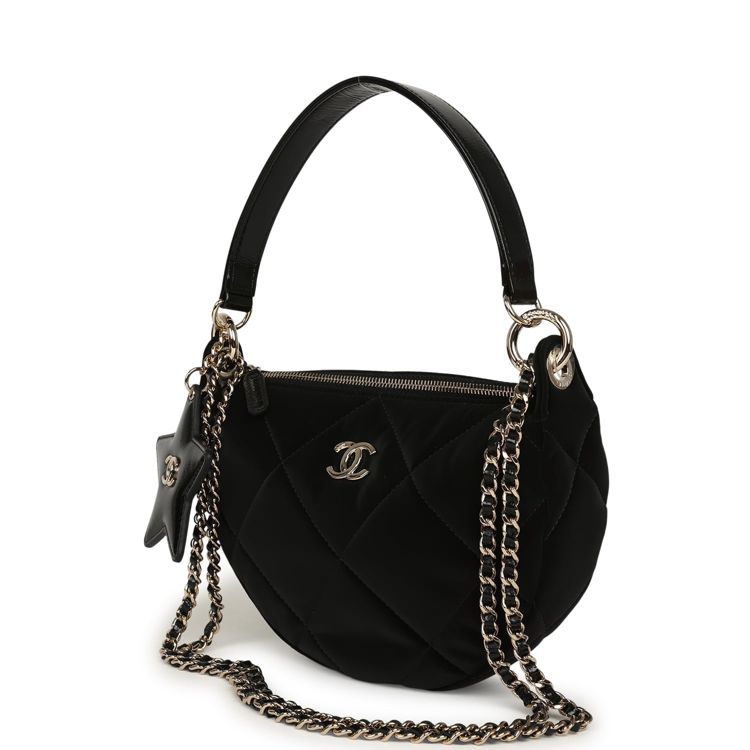Coco Neige Clutch with Chain Black Velvet-Effect Nylon and Black Shiny Crumpled Calfskin Light Gold Hardware