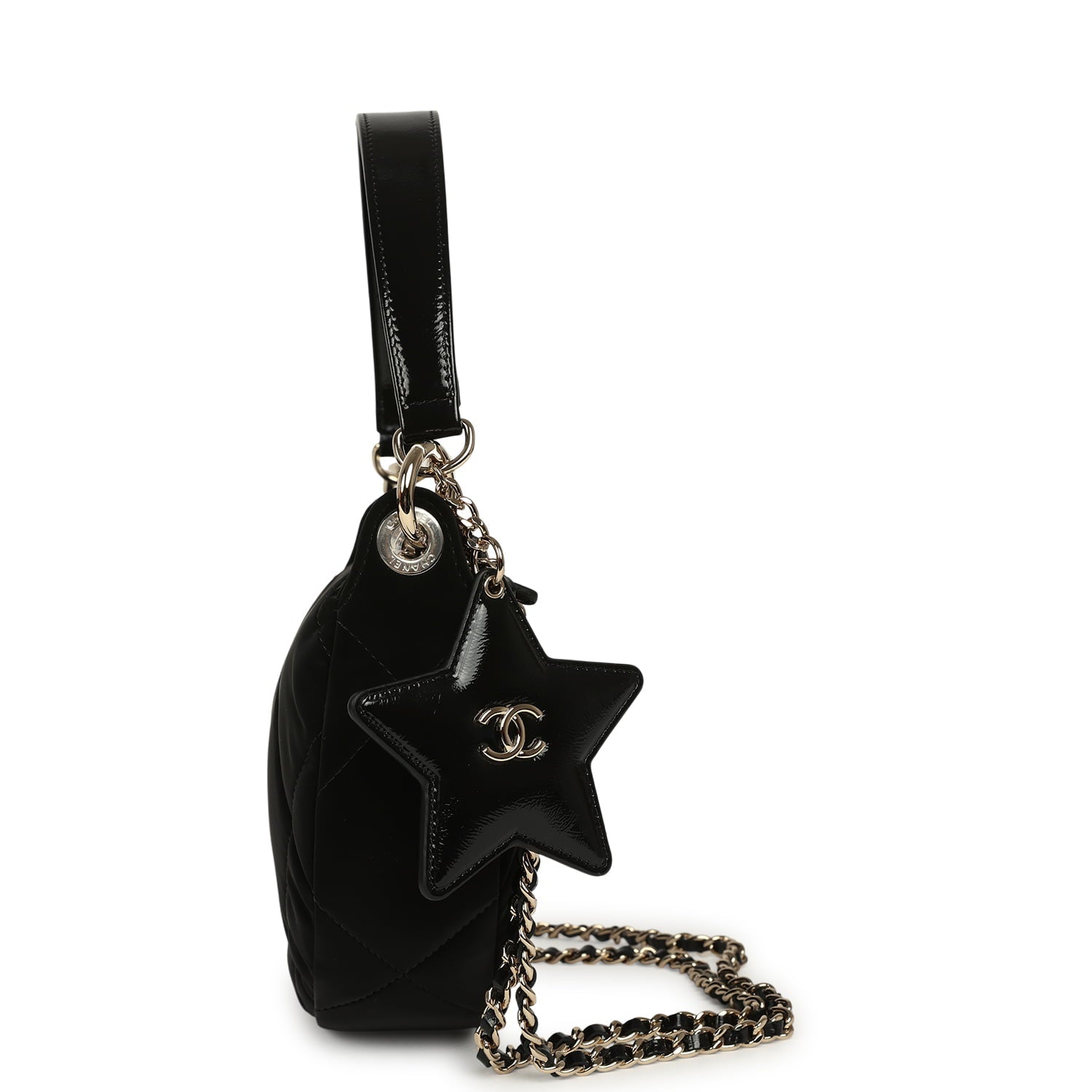 Coco Neige Clutch with Chain Black Velvet-Effect Nylon and Black Shiny Crumpled Calfskin Light Gold Hardware