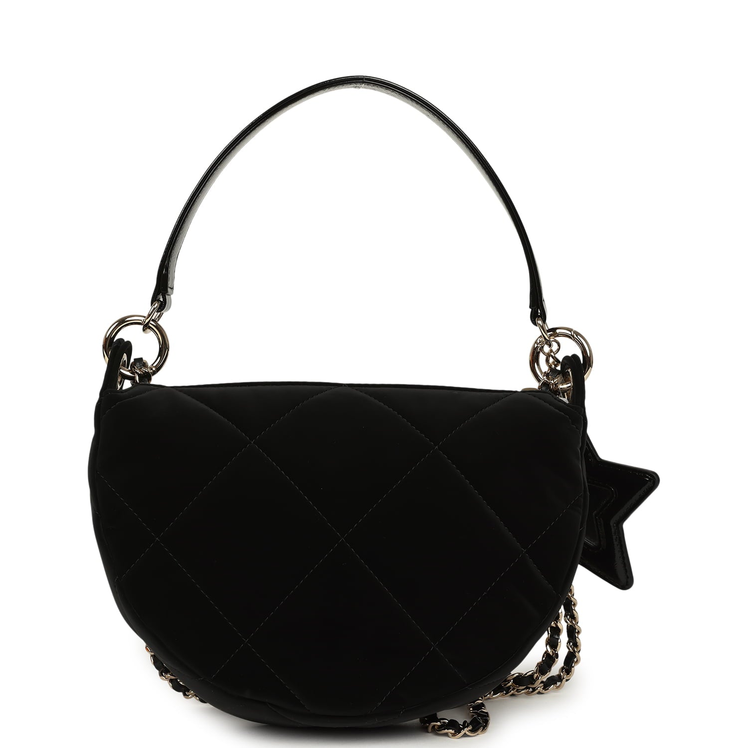 Coco Neige Clutch with Chain Black Velvet-Effect Nylon and Black Shiny Crumpled Calfskin Light Gold Hardware