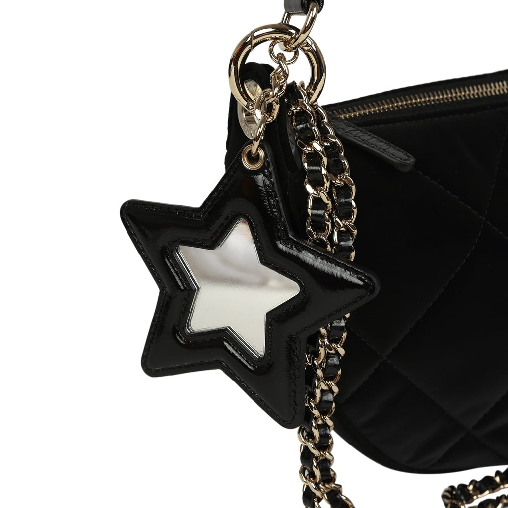Coco Neige Clutch with Chain Black Velvet-Effect Nylon and Black Shiny Crumpled Calfskin Light Gold Hardware