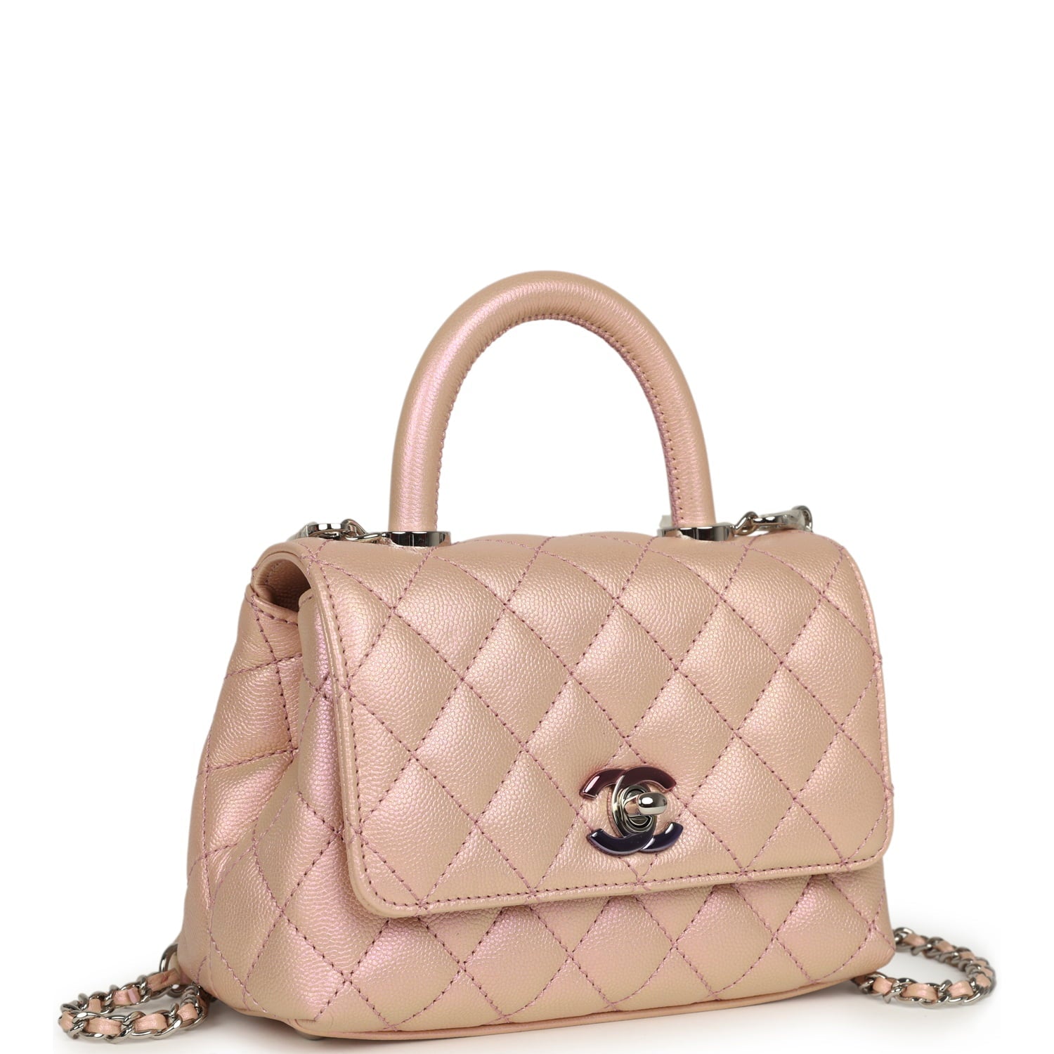 Micro Coco Top Handle Flap Iridescent Pink Shiny Caviar Mixed Metal Hardware