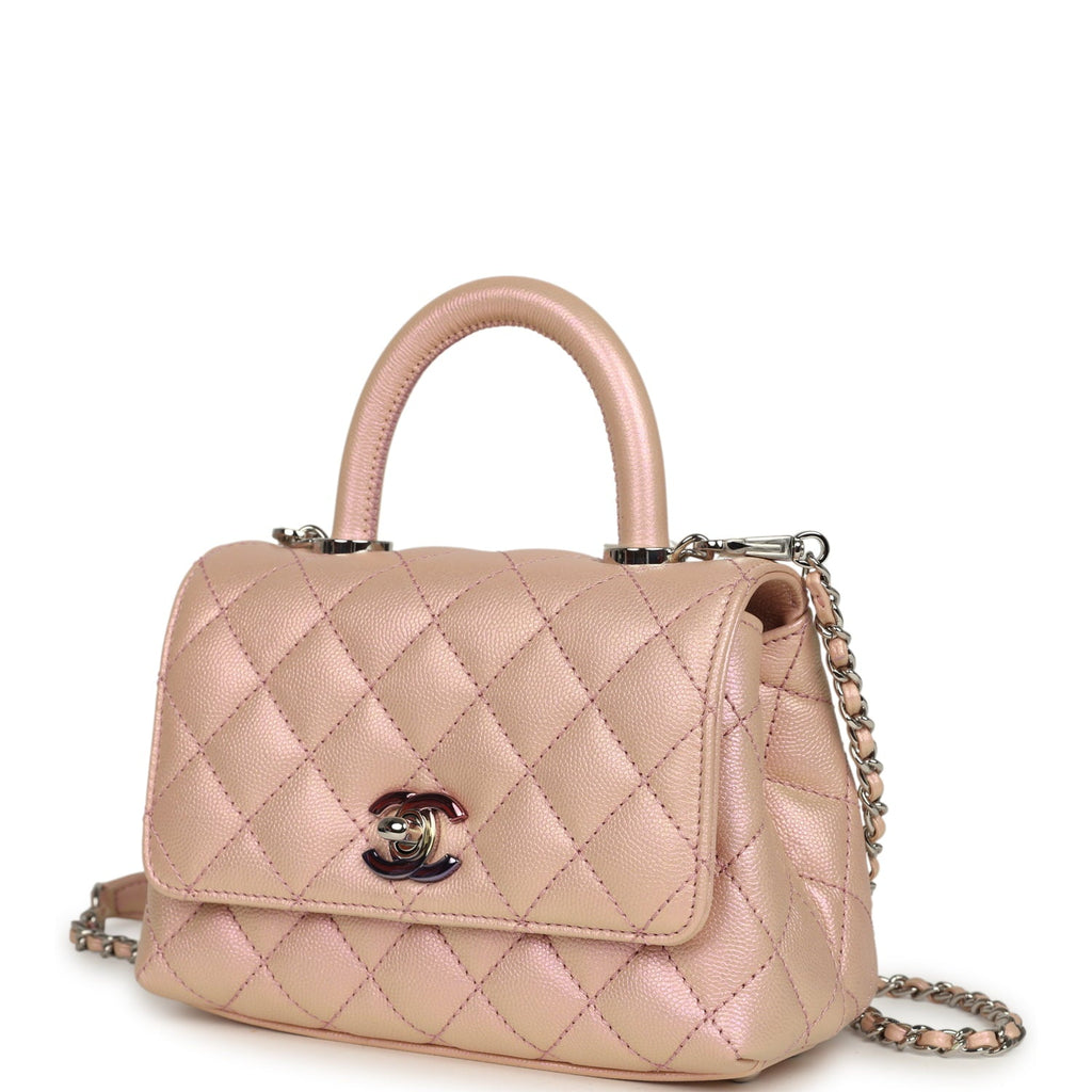 Micro Coco Top Handle Flap Iridescent Pink Shiny Caviar Mixed Metal Hardware