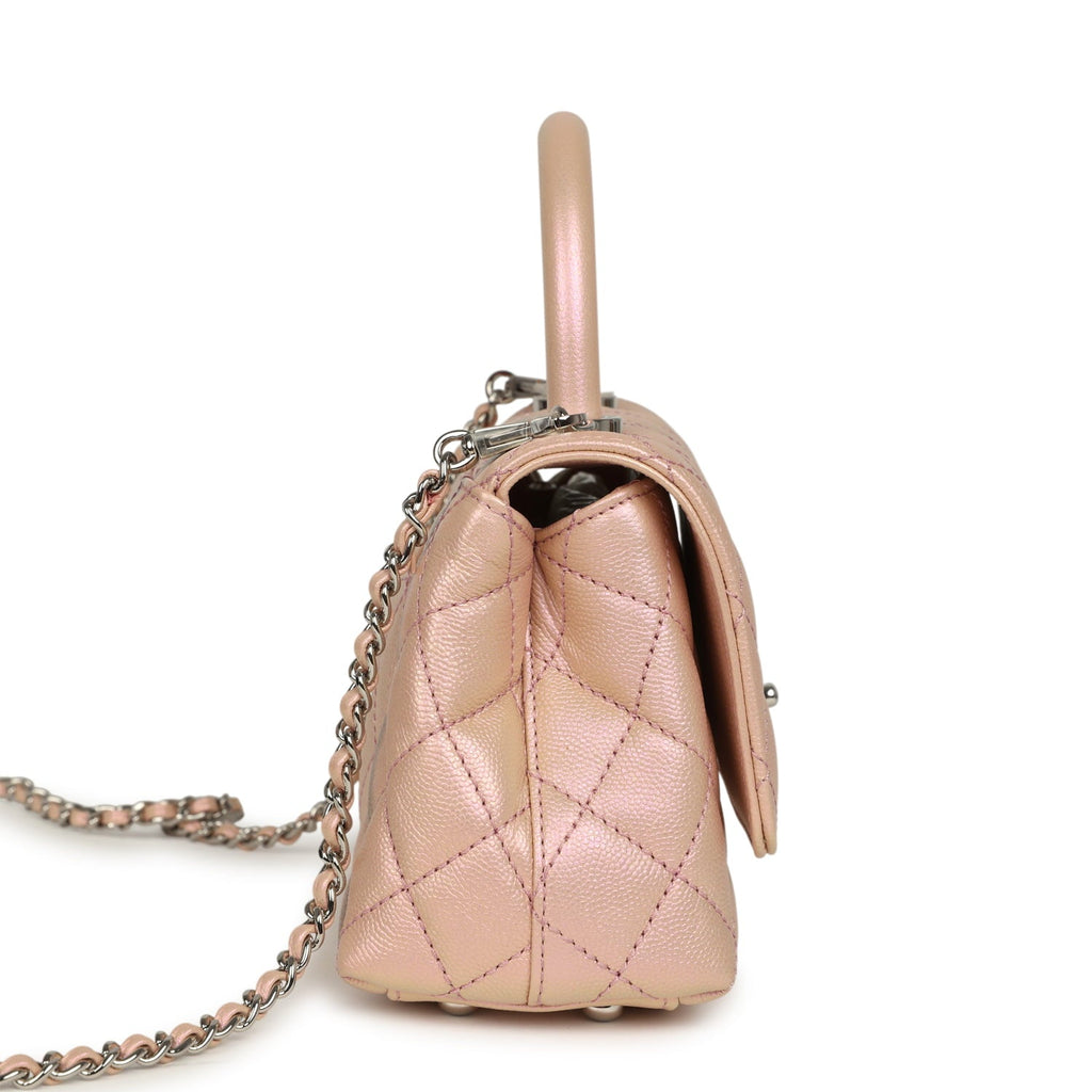 Micro Coco Top Handle Flap Iridescent Pink Shiny Caviar Mixed Metal Hardware